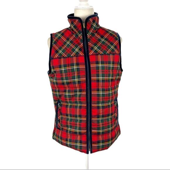 J. Crew Tartan Plaid Mountain Puffer Velvet Trim Vest Red Green Size Small H2712 - Picture 2 of 15
